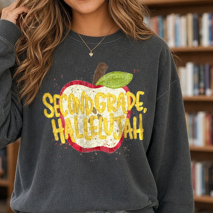 Second Grade Hallelujah Red Apple Teacher Back to School DTF transfer shown on a Comfort Colors sweatshirt
