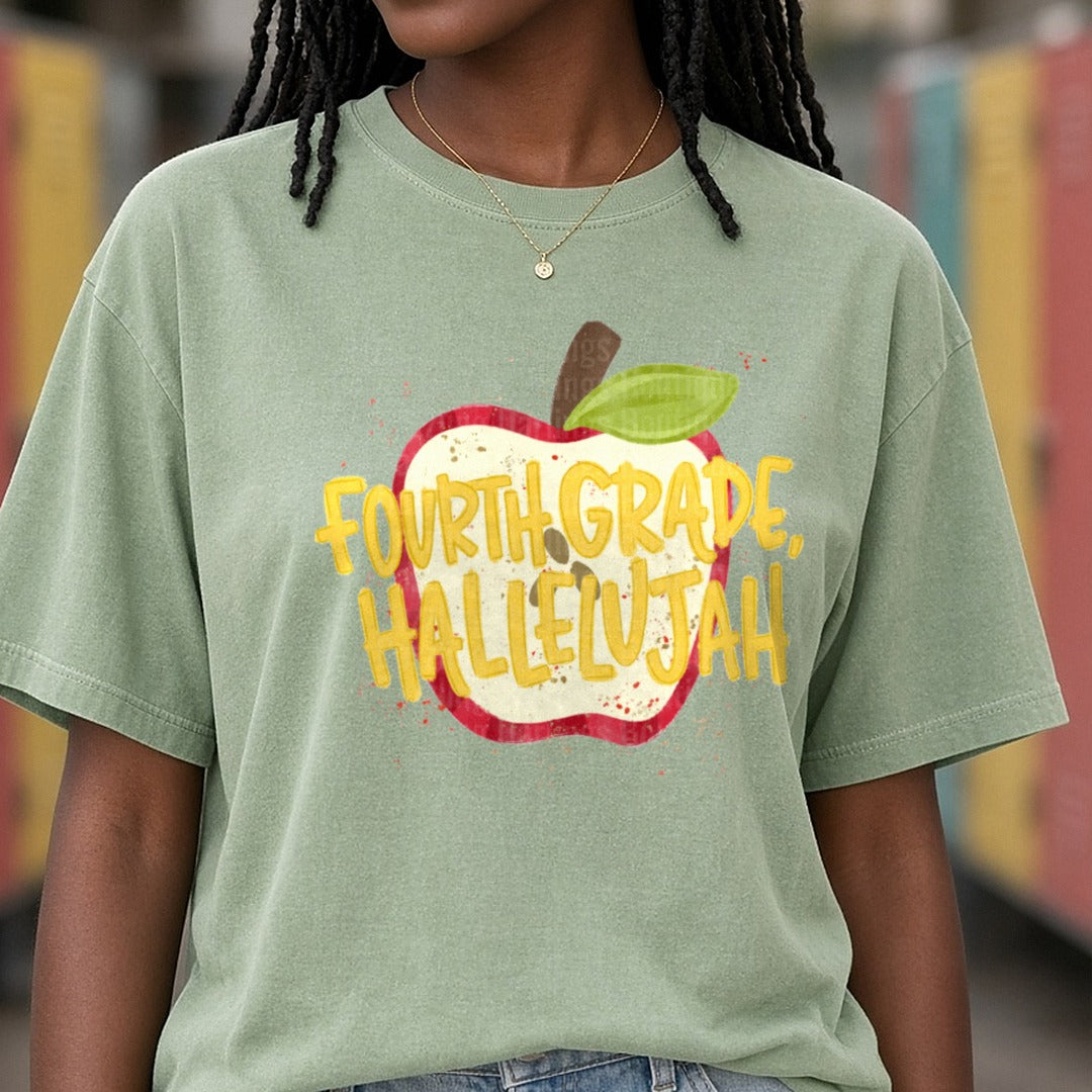 Fourth Grade Hallelujah Distressed Apple Teacher Design DTF transfer shown on a Comfort Colors tee