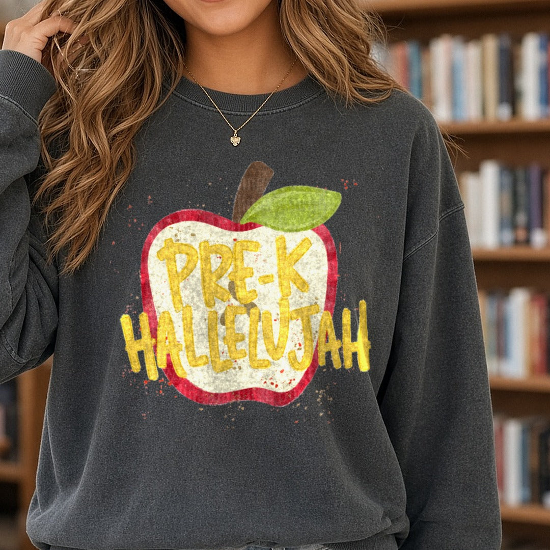 Pre-K Hallelujah Red Apple Teacher Back to School DTF transfer shown on a Comfort Colors sweatshirt