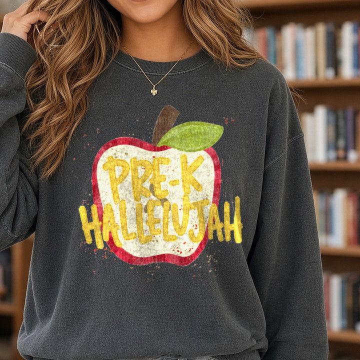 Pre-K Hallelujah Red Apple Teacher Back to School DTF transfer shown on a Comfort Colors sweatshirt