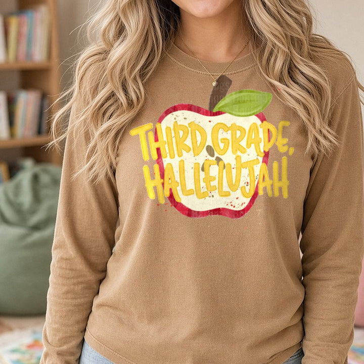 Third Grade Hallelujah Apple Teacher Back to School DTF transfer shown on a Comfort Colors long sleeve tee