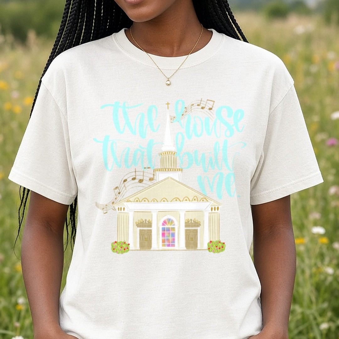 The House That Built Me Church with Gold Music Notes DTF transfer shown on a Comfort Colors tee