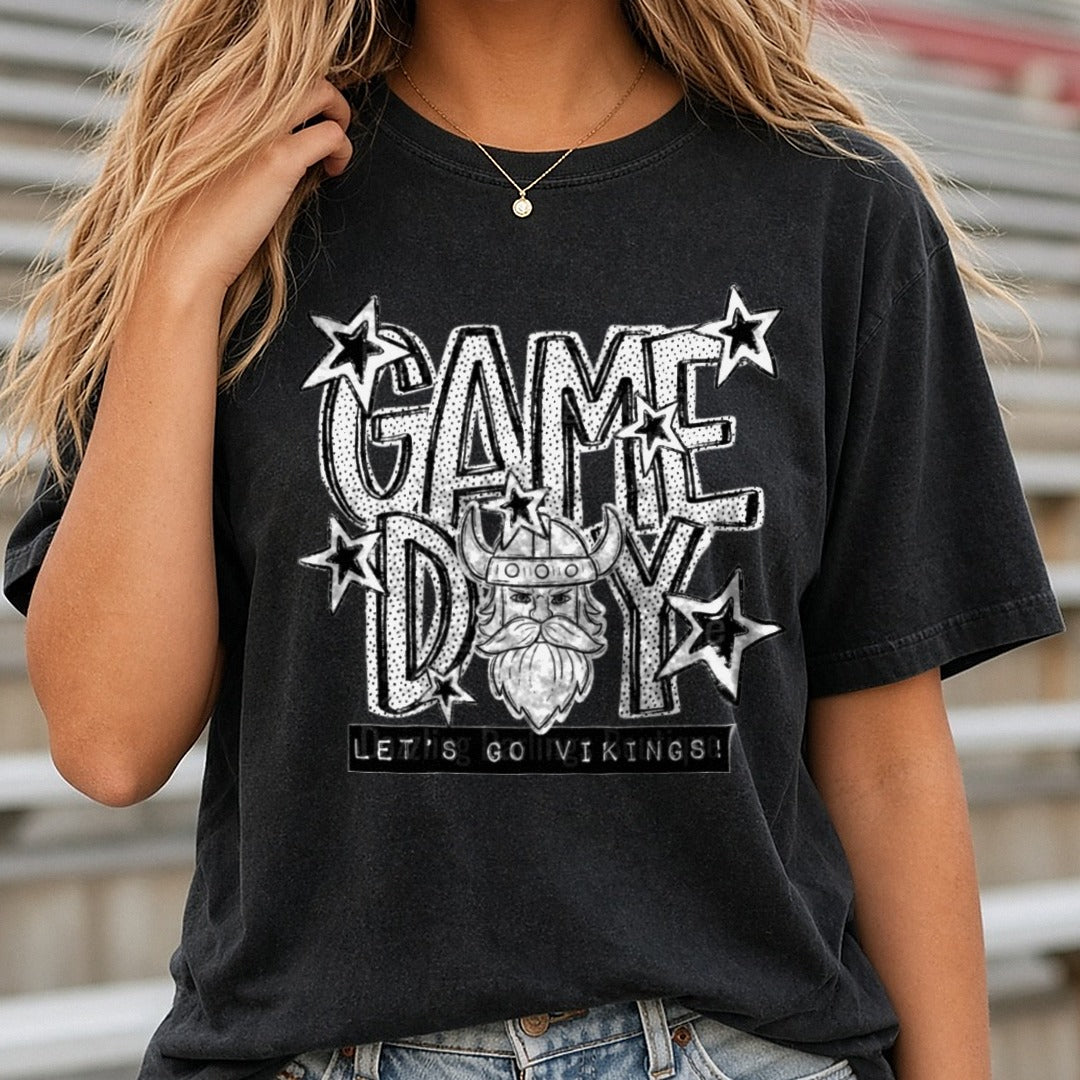 Game Day Let's Go Vikings Bearded Viking Helmet Stars DTF transfer shown on a Comfort Colors tee