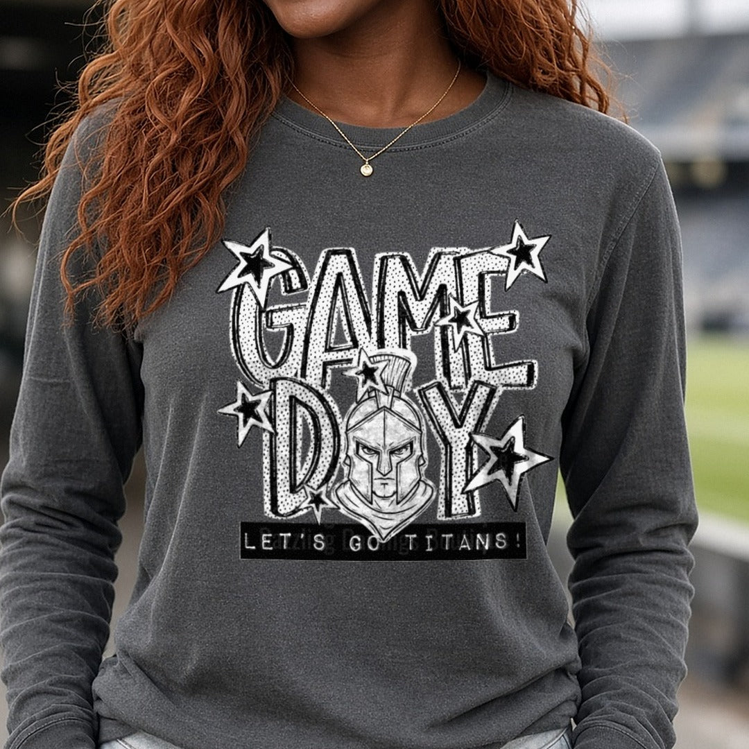 Game Day Let's Go Titans Spartan Warrior Helmet Stars DTF transfer shown on a Comfort Colors long sleeve tee
