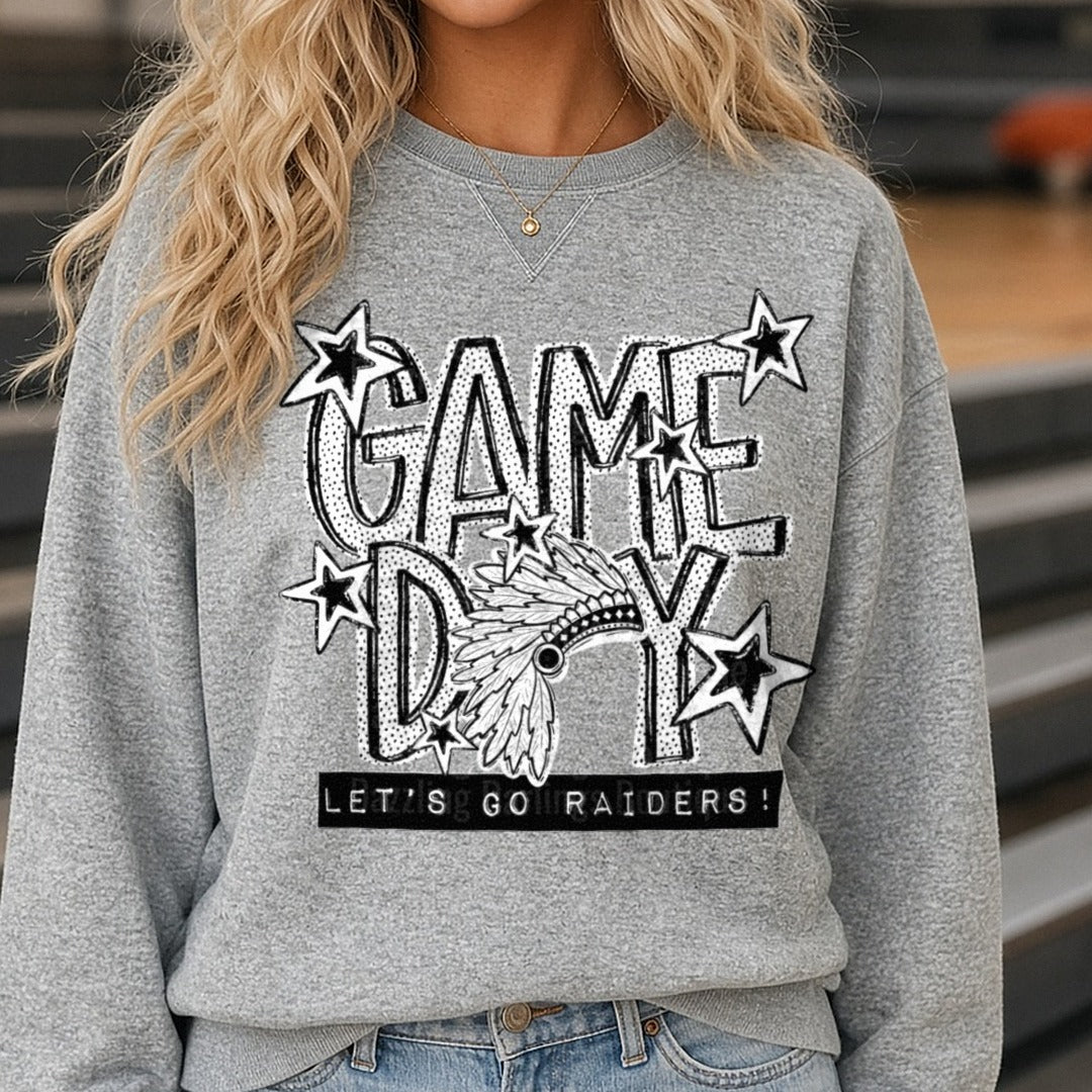Game Day Let's Go Raiders Native Headdress Stars DTF transfer shown on a Comfort Colors sweatshirt