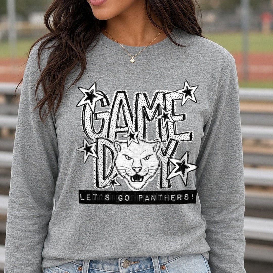 Game Day Let's Go Panthers Roaring Panther Stars DTF transfer shown on a Comfort Colors long sleeve tee