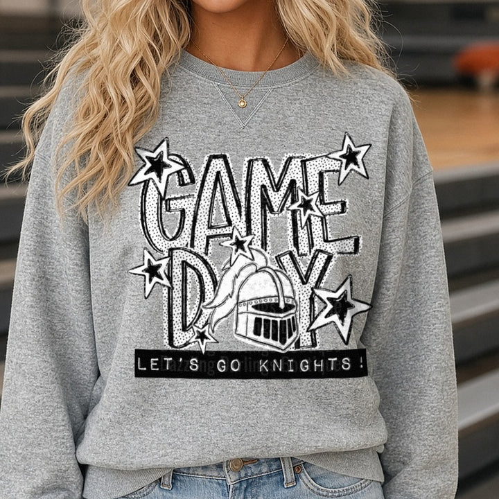 Game Day Let's Go Knights Helmet Stars Bold Sketch DTF transfer shown on a Comfort Colors sweatshirt