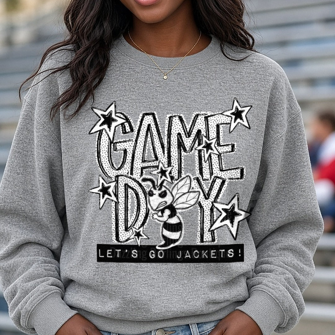 Game Day Let's Go Jackets Angry Yellow Jacket Mascot Stars DTF transfer shown on a Comfort Colors sweatshirt