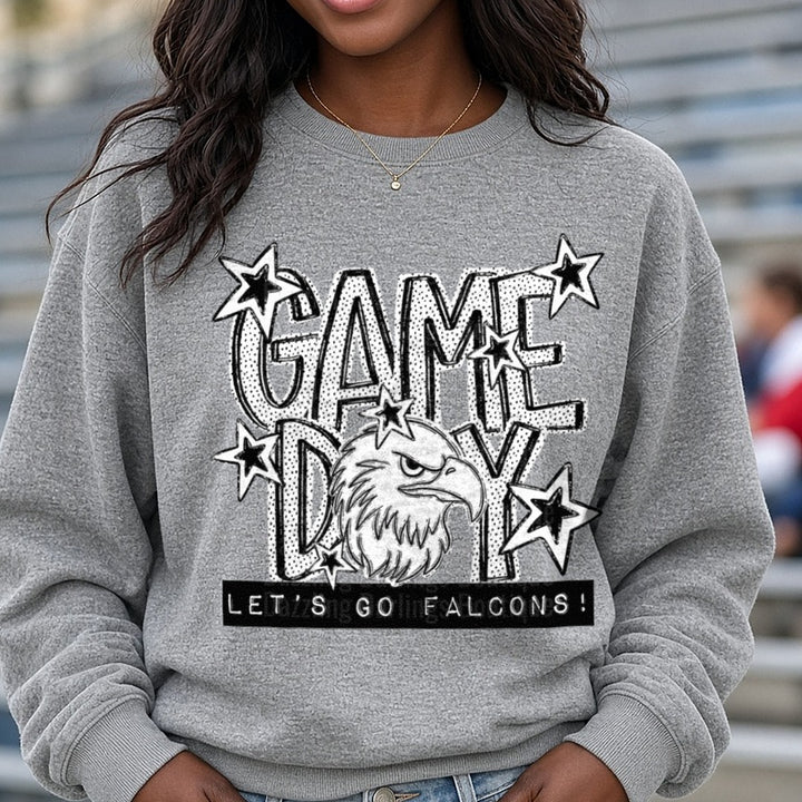 Game Day Let's Go Falcons Bold Eagle Stars Design DTF transfer shown on a Comfort Colors sweatshirt