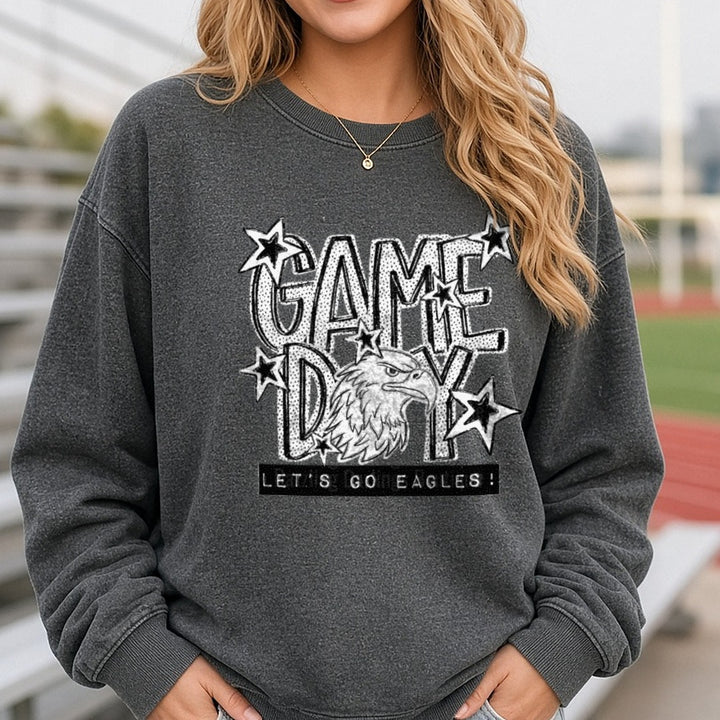 Game Day Let's Go Eagles Bald Eagle Stars Bold Graphic DTF transfer shown on a Comfort Colors sweatshirt