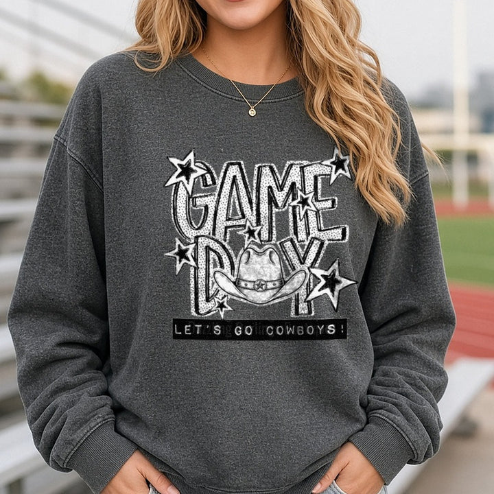 Game Day Let's Go Cowboys Cowboy Hat Stars Bold Graphic DTF transfer shown on a Comfort Colors sweatshirt