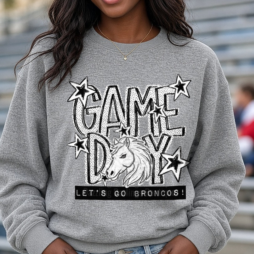 Game Day Let's Go Broncos Horse Head Stars DTF transfer shown on a Comfort Colors sweatshirt