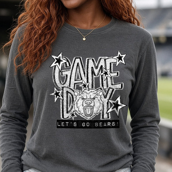 Game Day Let's Go Bears Roaring Bear Head Stars DTF transfer shown on a Comfort Colors long sleeve tee