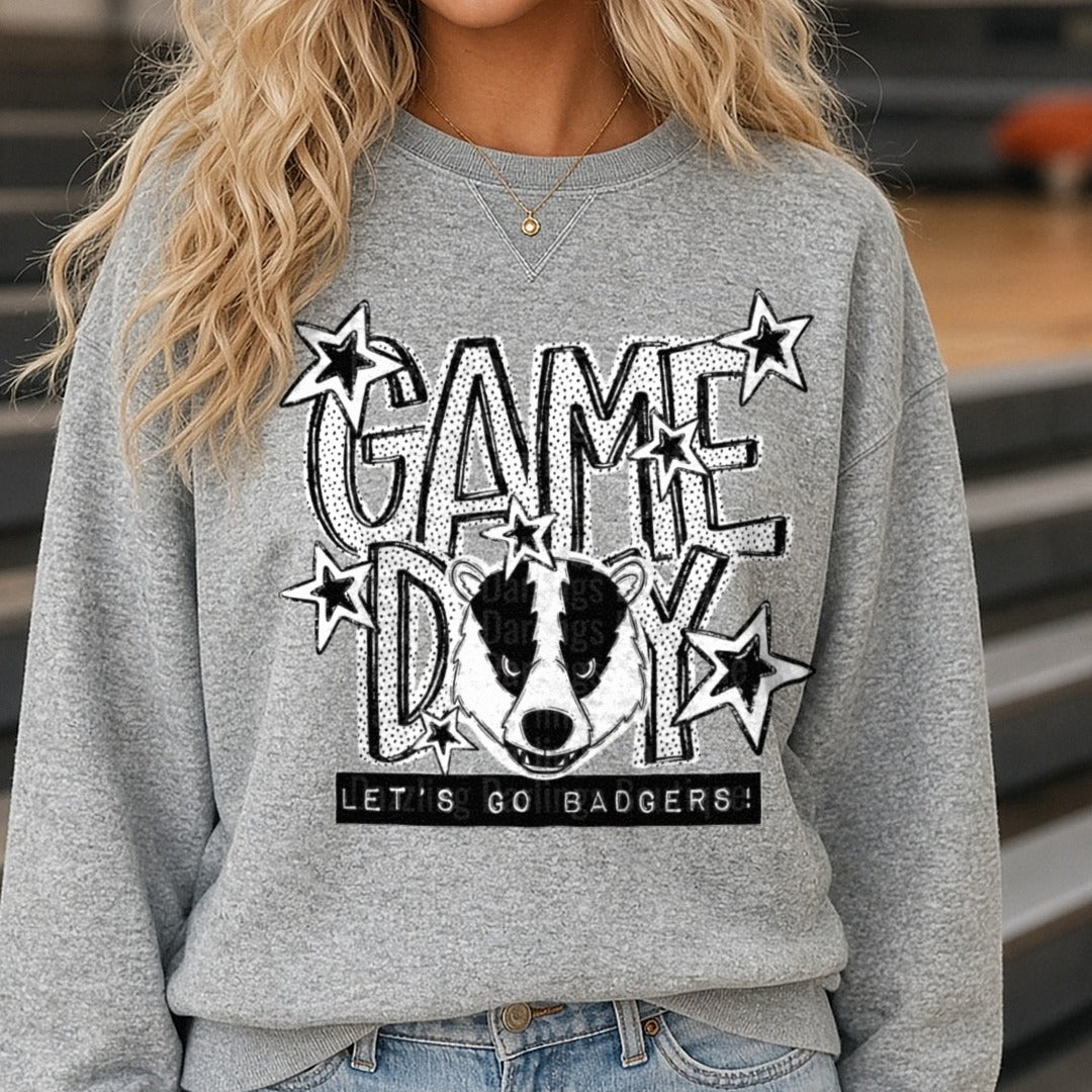 Game Day Let's Go Badgers Bold Star Mascot Design DTF transfer shown on a Comfort Colors sweatshirt