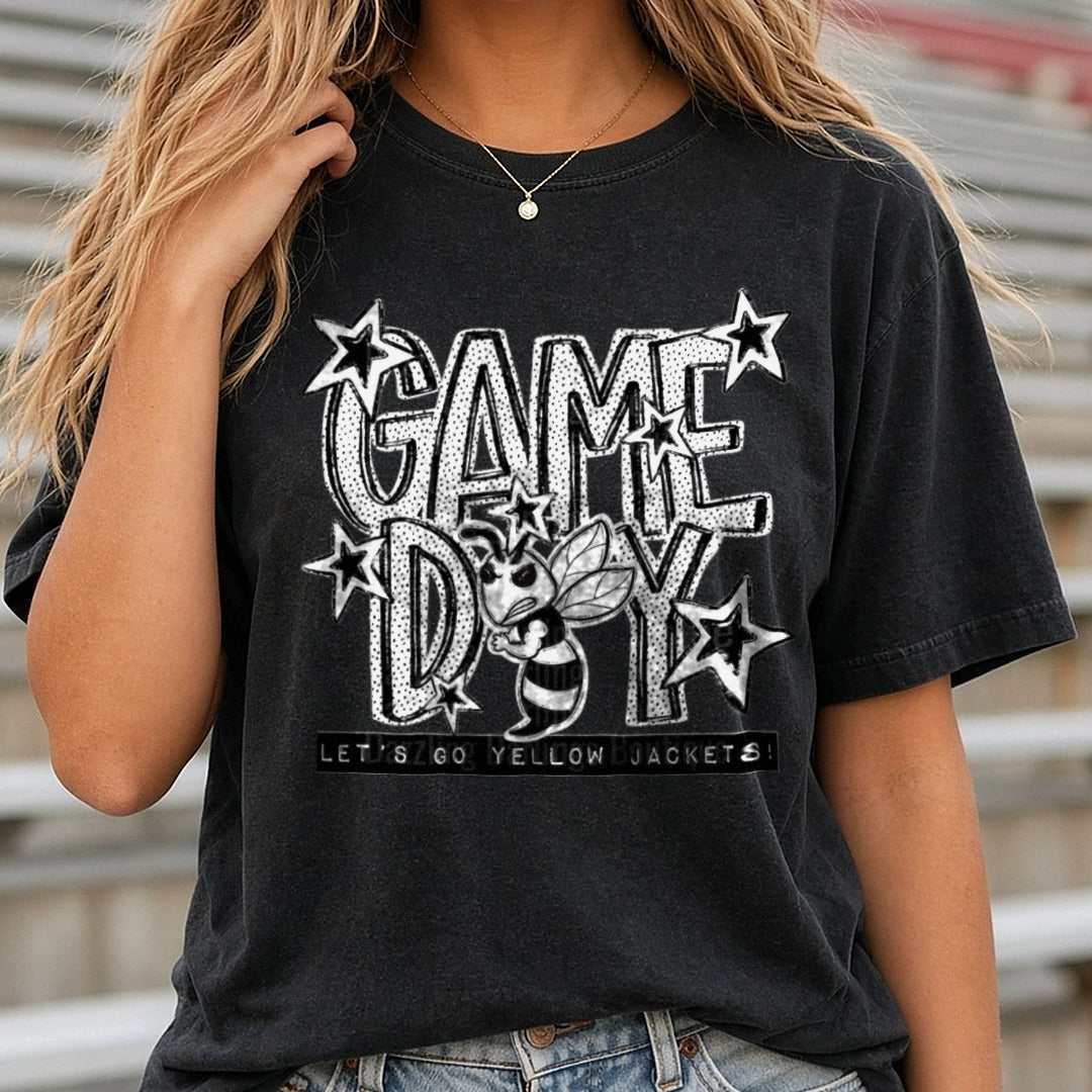 Game Day Let's Go Yellow Jackets Angry Bee Stars DTF transfer shown on a Comfort Colors tee