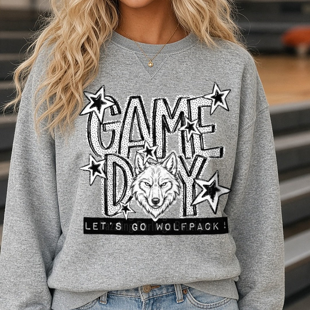 Game Day Let's Go Wolfpack Wolf Head Stars Design DTF transfer shown on a Comfort Colors sweatshirt