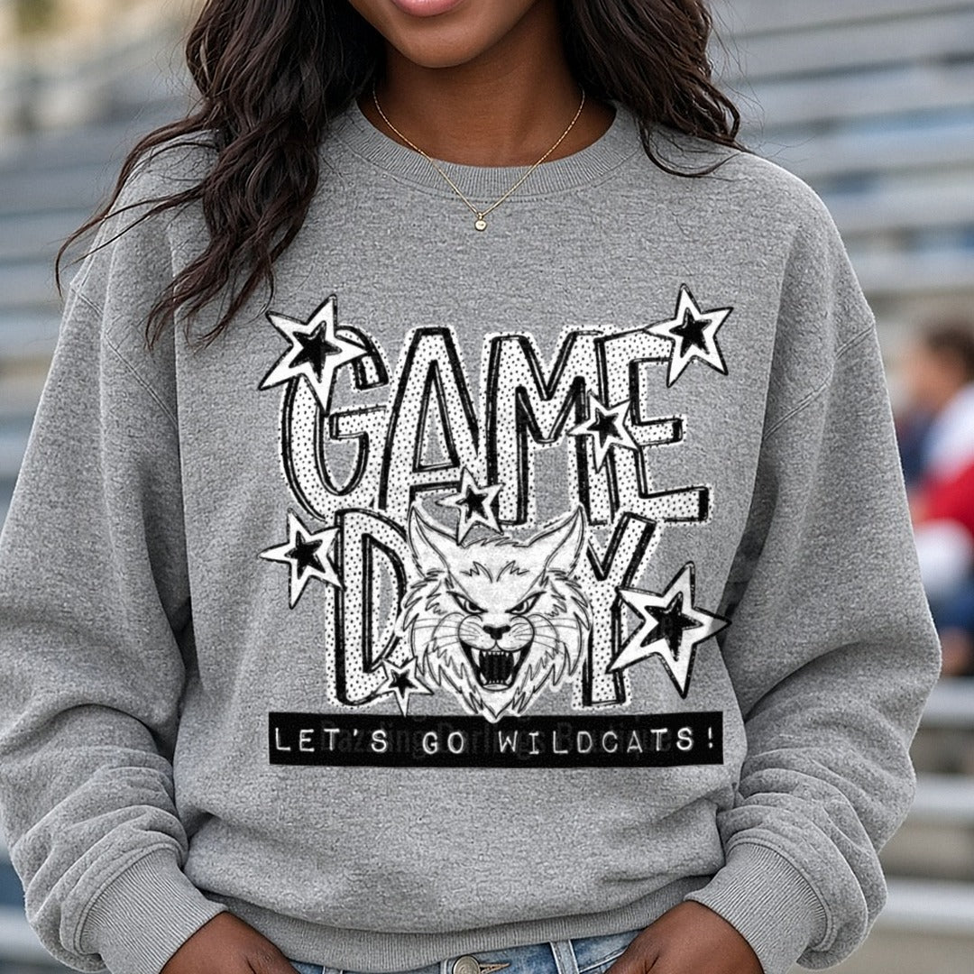 Game Day Let's Go Wildcats Roaring Wildcat Stars DTF transfer shown on a Comfort Colors sweatshirt