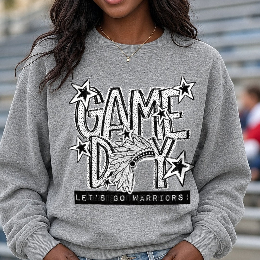Game Day Let's Go Warriors Native Headdress Stars DTF transfer shown on a Comfort Colors sweatshirt
