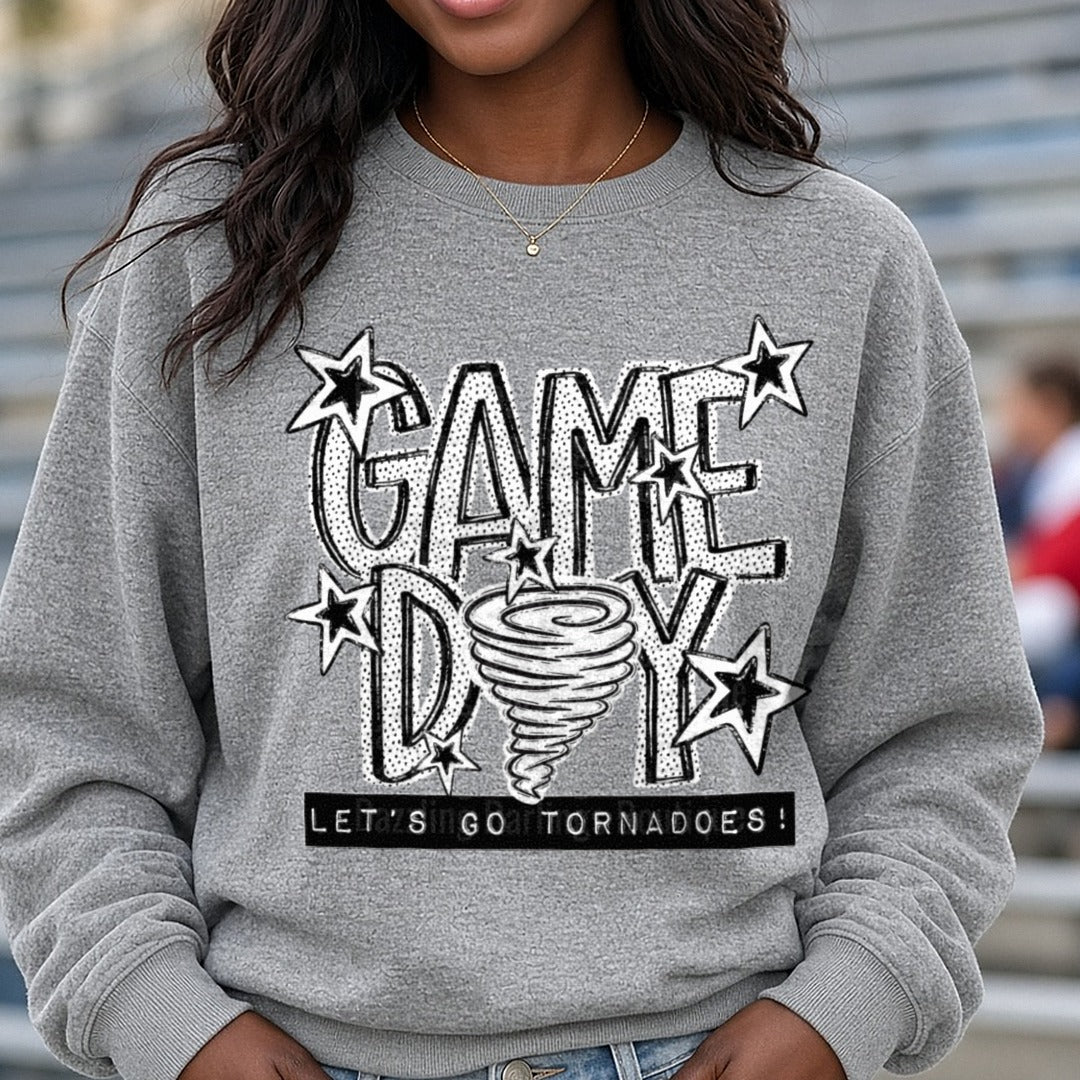 Game Day Let's Go Tornadoes Tornado Swirl Stars Design DTF transfer shown on a Comfort Colors sweatshirt