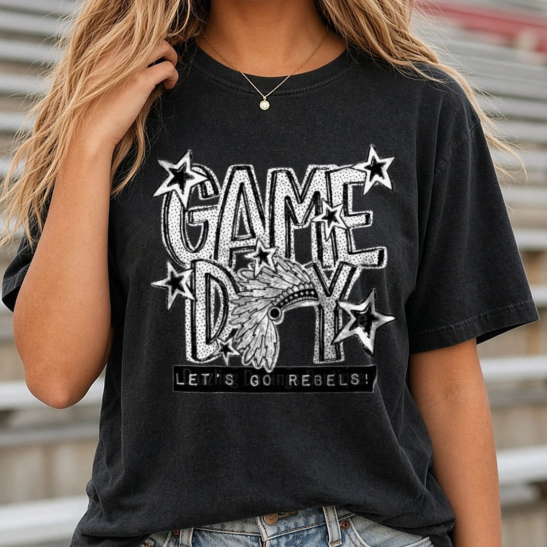 Game Day Let's Go Rebels Native Headdress Stars Design DTF transfer shown on a Comfort Colors tee