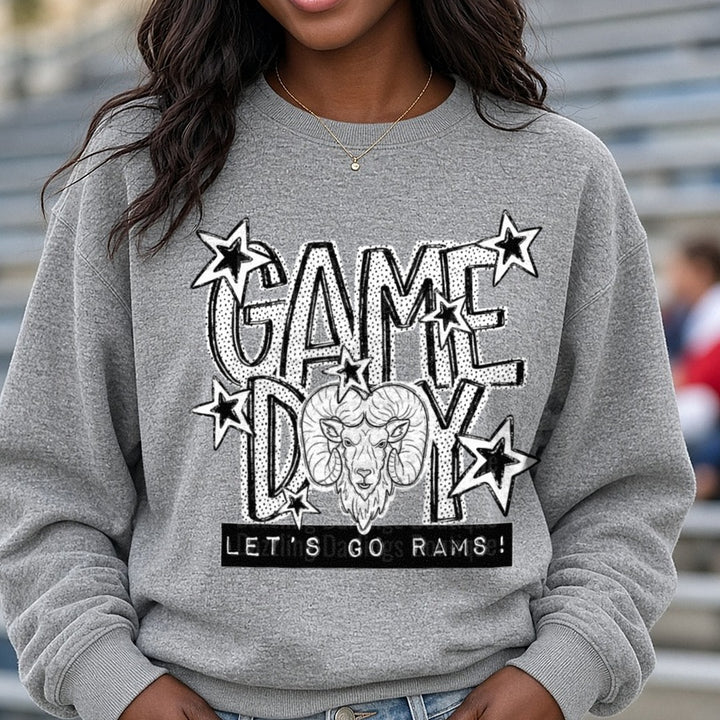 Game Day Let's Go Rams Bold Star Ram Head Design DTF transfer shown on a Comfort Colors sweatshirt