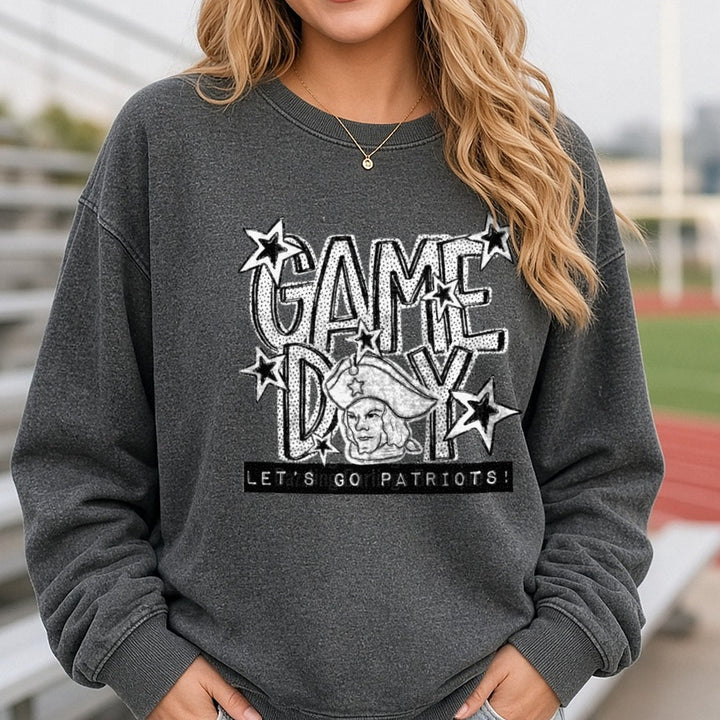 Game Day Let's Go Patriots Minuteman Stars Bold Graphic DTF transfer shown on a Comfort Colors sweatshirt