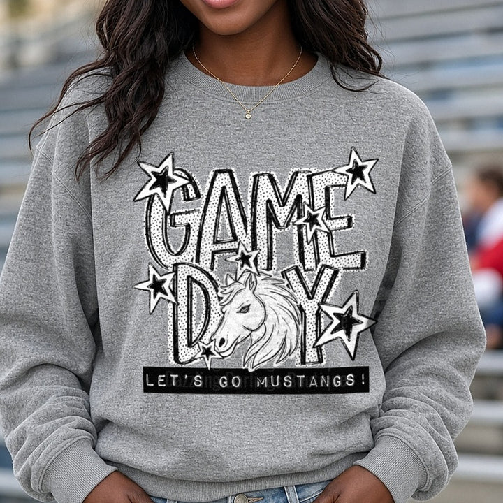Game Day Let's Go Mustangs Horse Stars Bold Graphic DTF transfer shown on a Comfort Colors sweatshirt