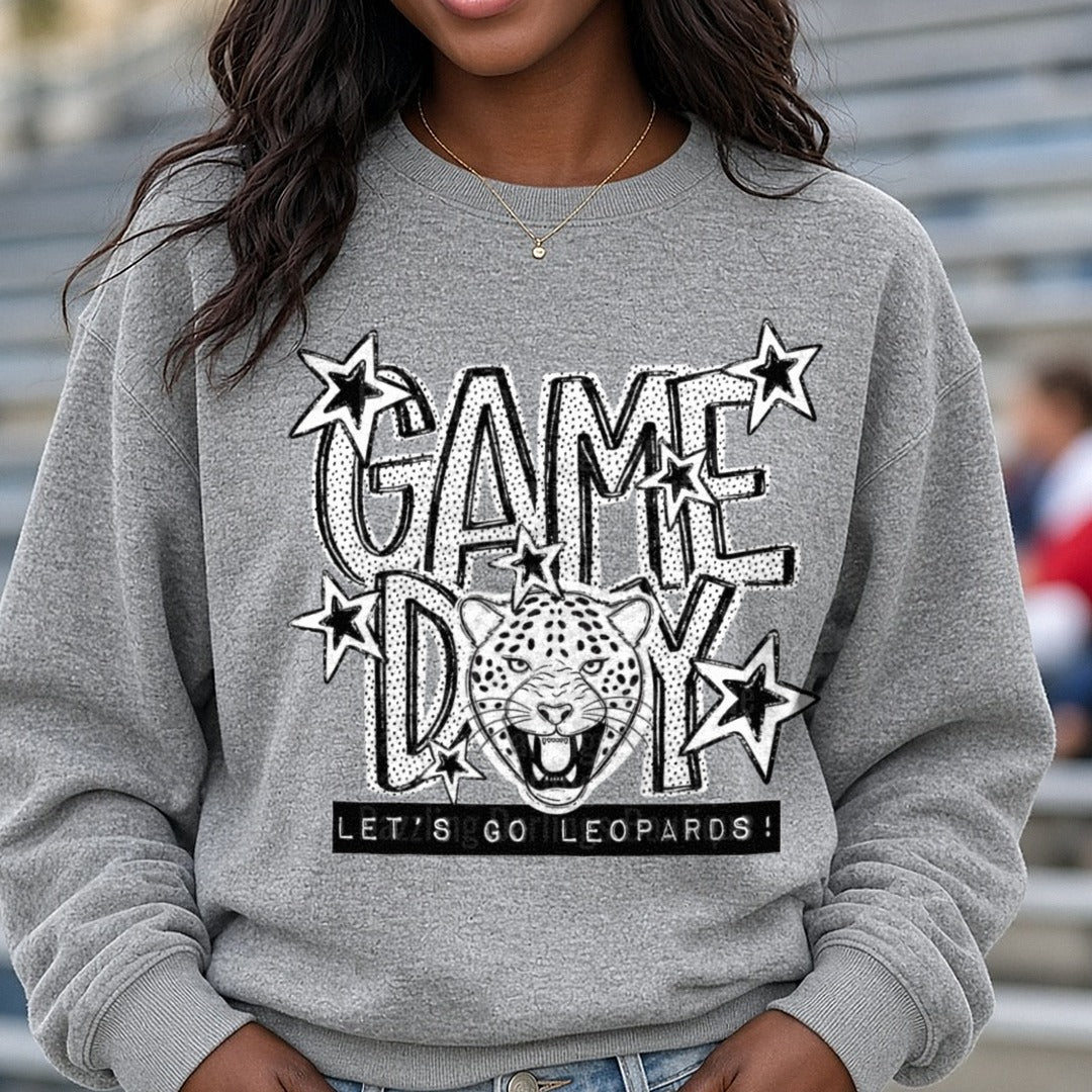 Game Day Let's Go Leopards Roaring Big Cat Stars DTF transfer shown on a Comfort Colors sweatshirt