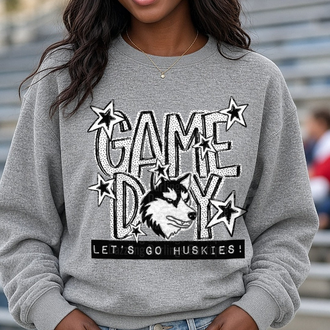 Game Day Let's Go Huskies Bold Star Mascot Design DTF transfer shown on a Comfort Colors sweatshirt