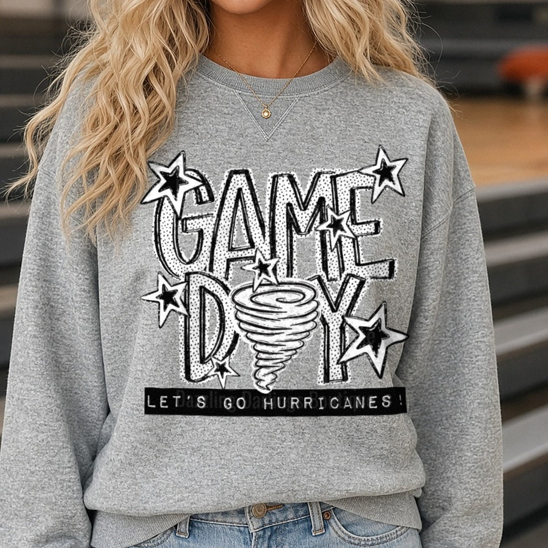 Game Day Let's Go Hurricanes Tornado Stars Bold Sketch DTF transfer shown on a Comfort Colors sweatshirt