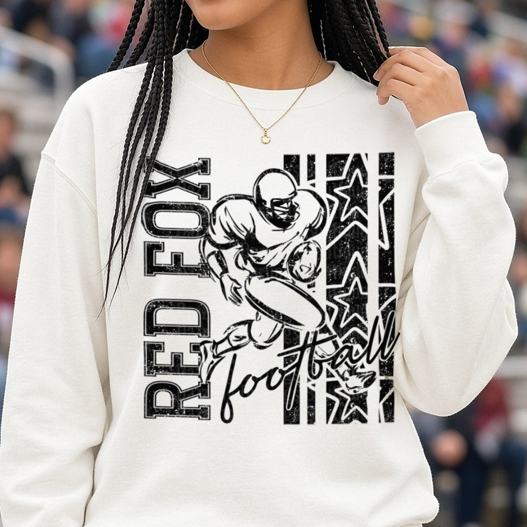 Red Fox Football Player Running Back Grunge Stars DTF transfer shown on a Comfort Colors sweatshirt