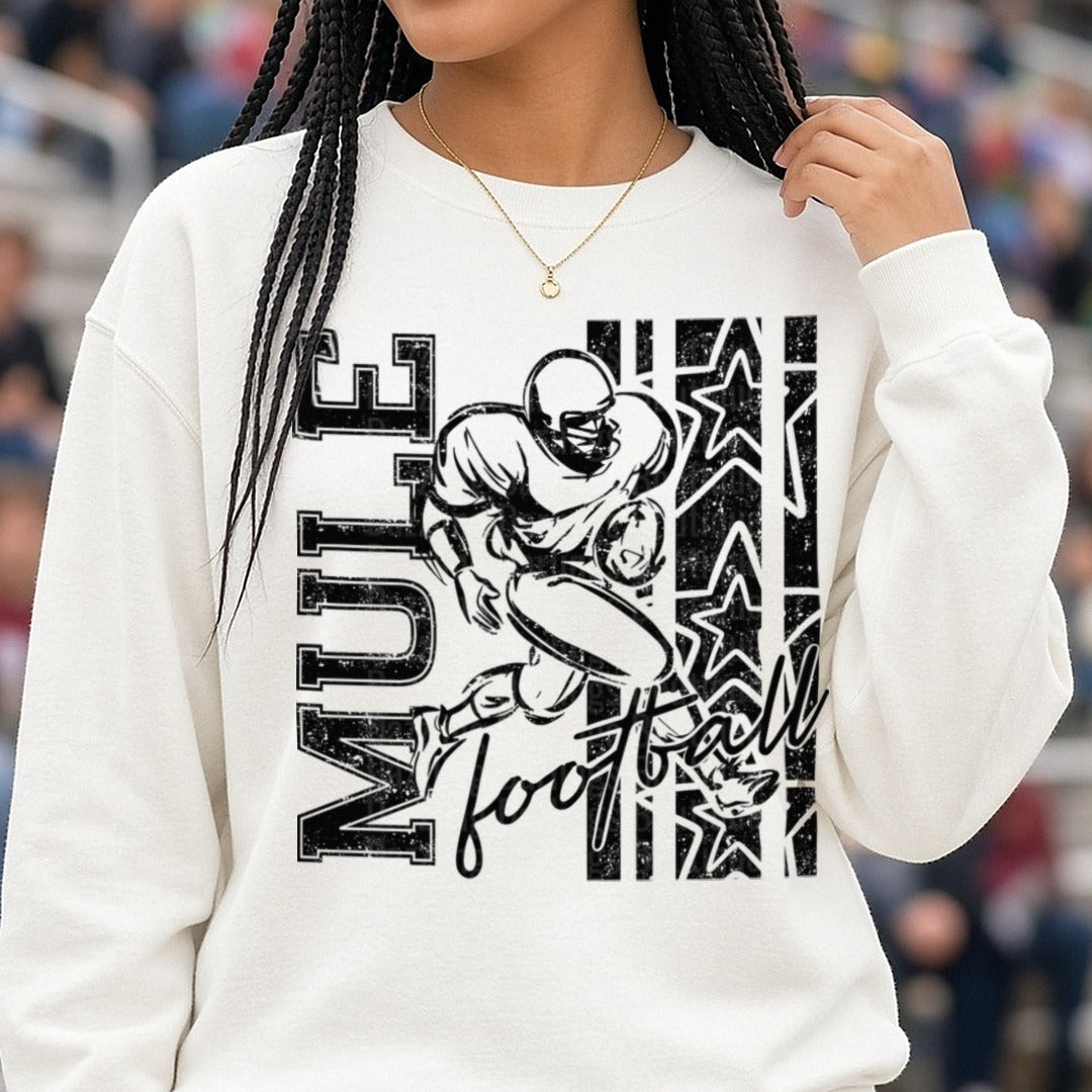 Mules Football Player Running Back Stars Grunge Design DTF transfer shown on a Comfort Colors sweatshirt