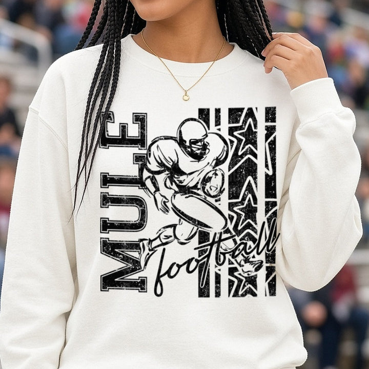 Mules Football Player Running Back Stars Grunge Design DTF transfer shown on a Comfort Colors sweatshirt