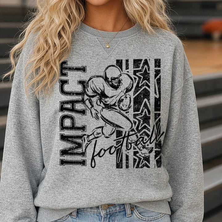 Impact Football Running Back Grunge Stars Graphic DTF transfer shown on a Comfort Colors sweatshirt
