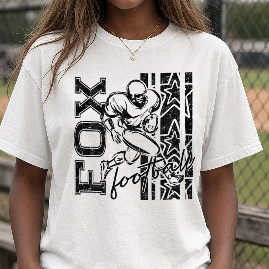 Distressed Football Player Running Back Stars Script DTF transfer shown on a Comfort Colors tee
