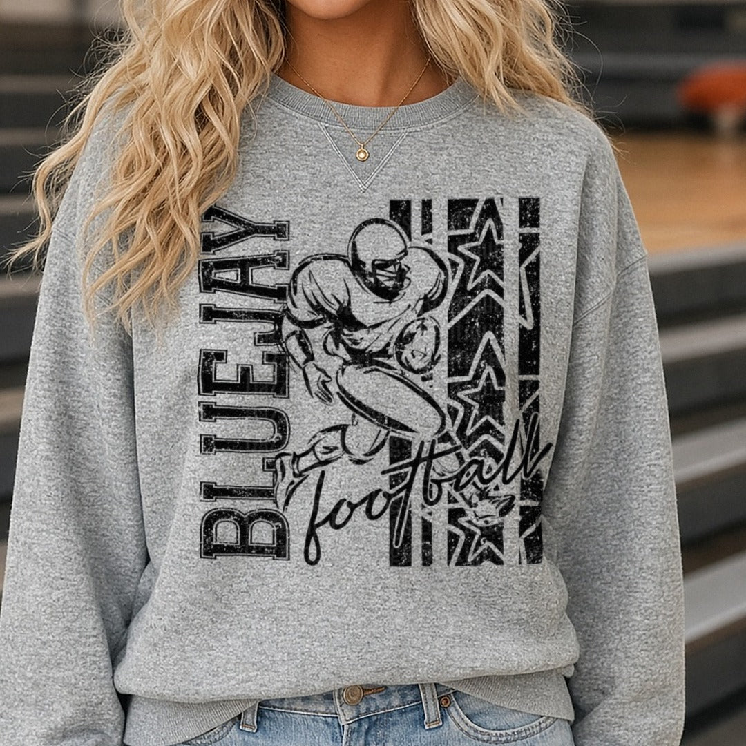Blue Jay Football Player Running Back Stars Grunge Design DTF transfer shown on a Comfort Colors sweatshirt