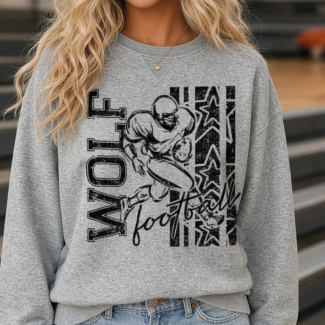 Wolves Football Player Running Back Grunge Stars Design DTF transfer shown on a Comfort Colors sweatshirt