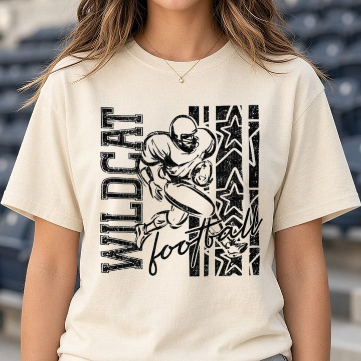 Wildcat Football Player Running Back Stars Grunge Design DTF transfer shown on a Comfort Colors tee
