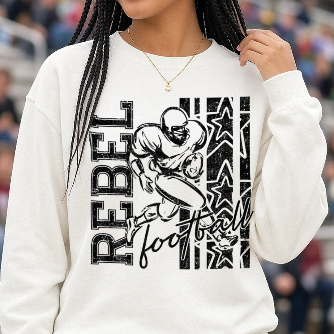 Rebel Football Player Running Back Stars Grunge Graphic DTF transfer shown on a Comfort Colors sweatshirt