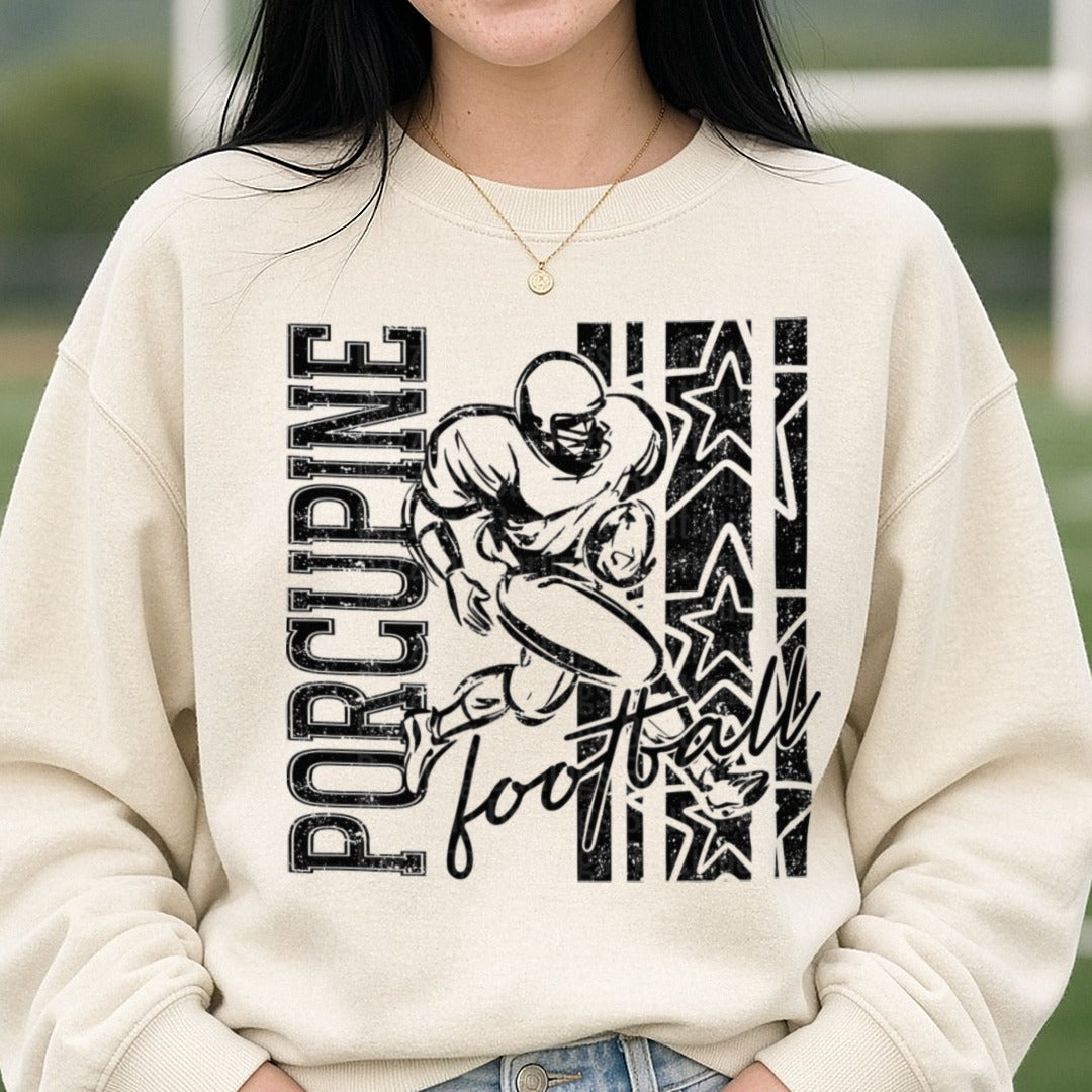 Porcupine Football Player Grunge Stars Distressed Graphic DTF transfer shown on a Comfort Colors sweatshirt