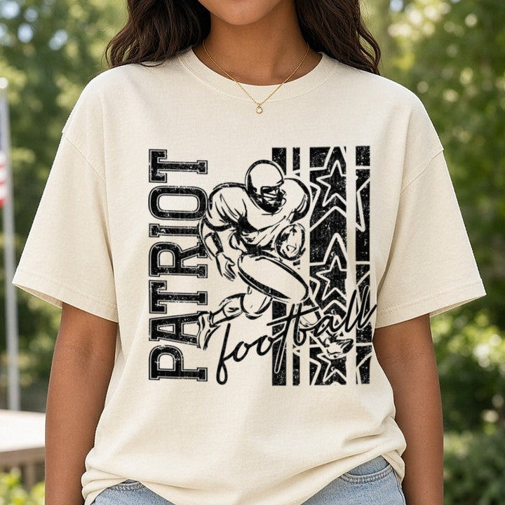 Patriot Football Player Running Back Stars Grunge Graphic DTF transfer shown on a Comfort Colors tee