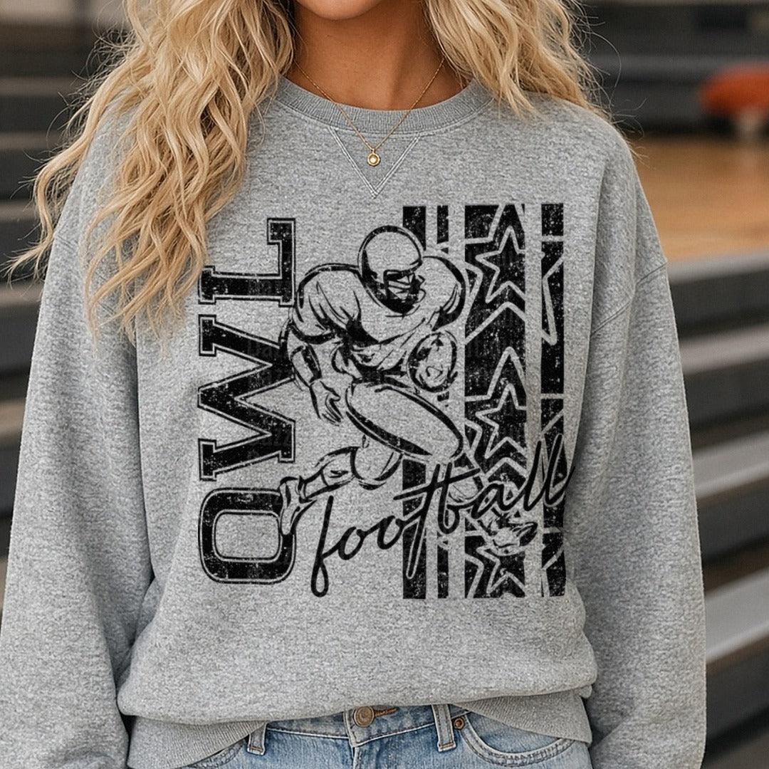 Owls Football Player Running Back Stars Grunge Distressed DTF transfer shown on a Comfort Colors sweatshirt