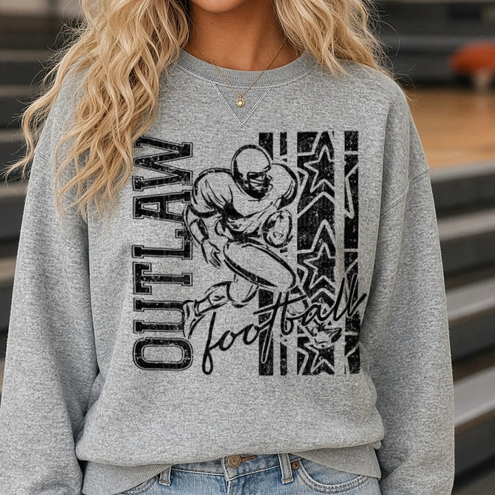 Outlaw Football Running Back Grunge Stars Distressed Graphic DTF transfer shown on a Comfort Colors sweatshirt