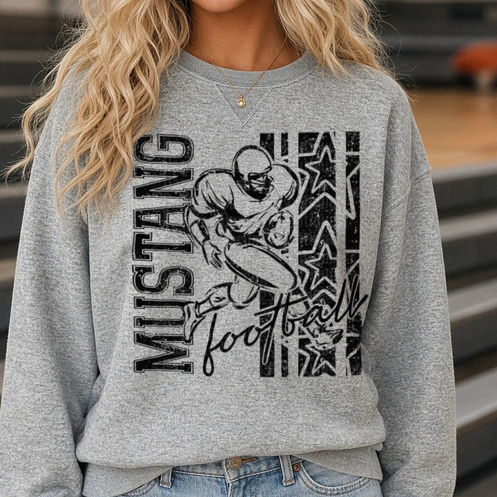 Mustangs Football Player Running Back Grunge Stars DTF transfer shown on a Comfort Colors sweatshirt