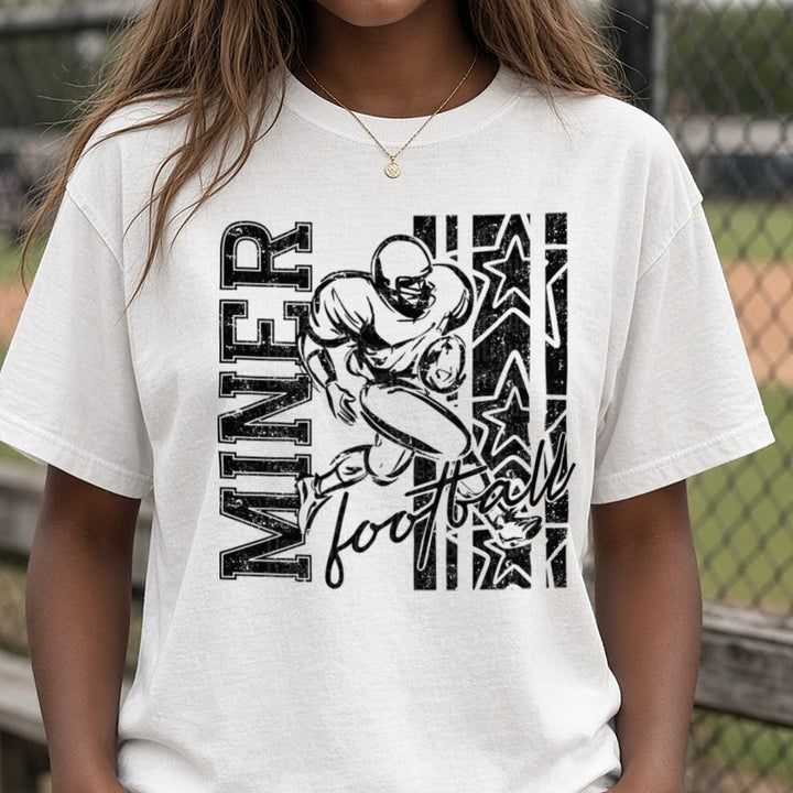 Miner Football Player Running Back Grunge Stars Design DTF transfer shown on a Comfort Colors tee