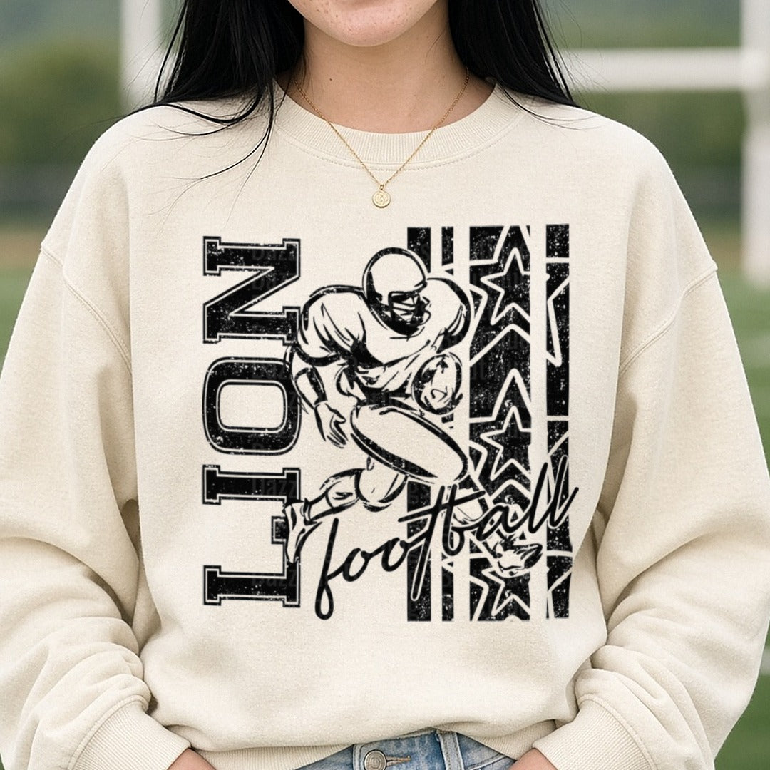 Grunge Football Player No. 1 Stars Script Varsity Design DTF transfer shown on a Comfort Colors sweatshirt