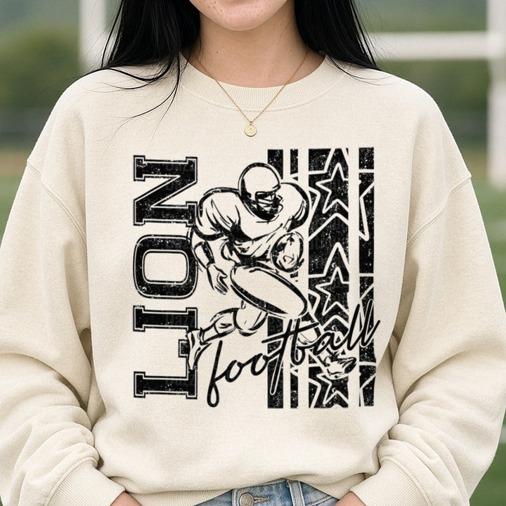 Grunge Football Player No. 1 Stars Script Varsity Design DTF transfer shown on a Comfort Colors sweatshirt