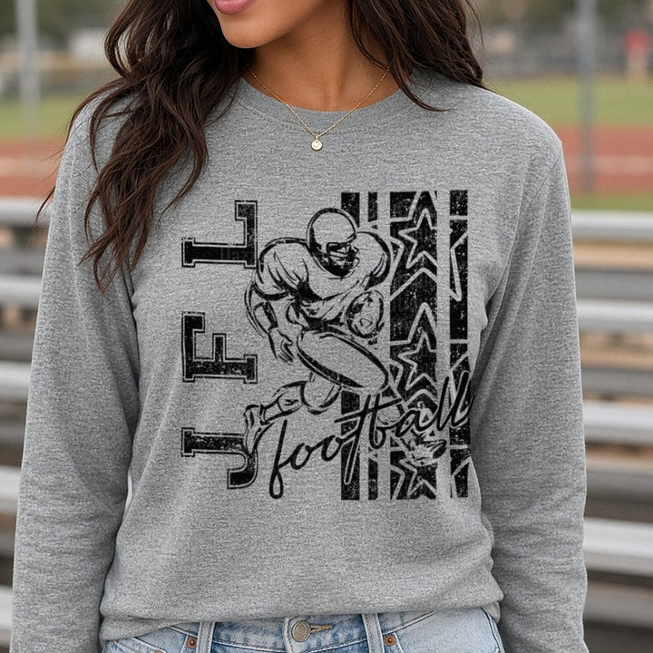 Grunge Football Player Running Back Stars Script Word DTF transfer shown on a Comfort Colors long sleeve tee