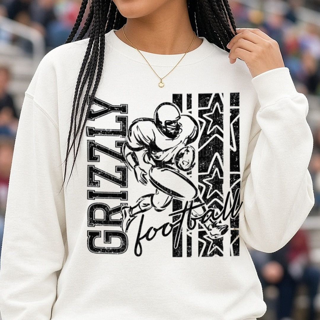 Grizzly Football Player Running Back Stars Grunge DTF transfer shown on a Comfort Colors sweatshirt