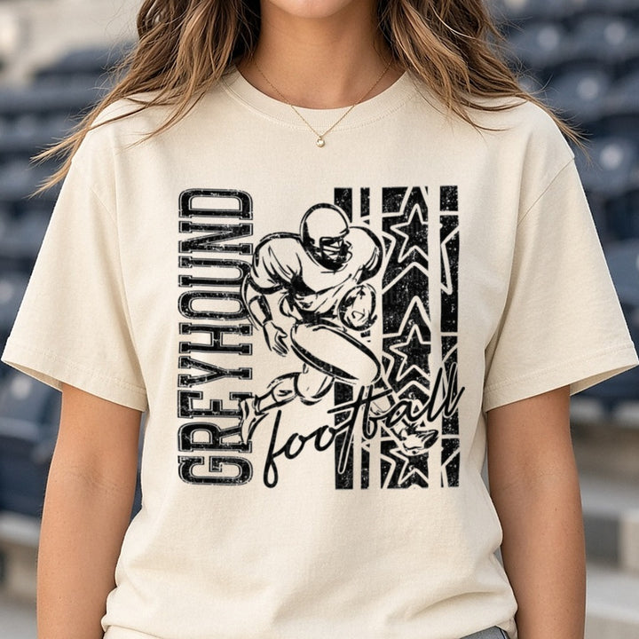 Greyhound Football Player Running Back Stars Grunge Design DTF transfer shown on a Comfort Colors tee